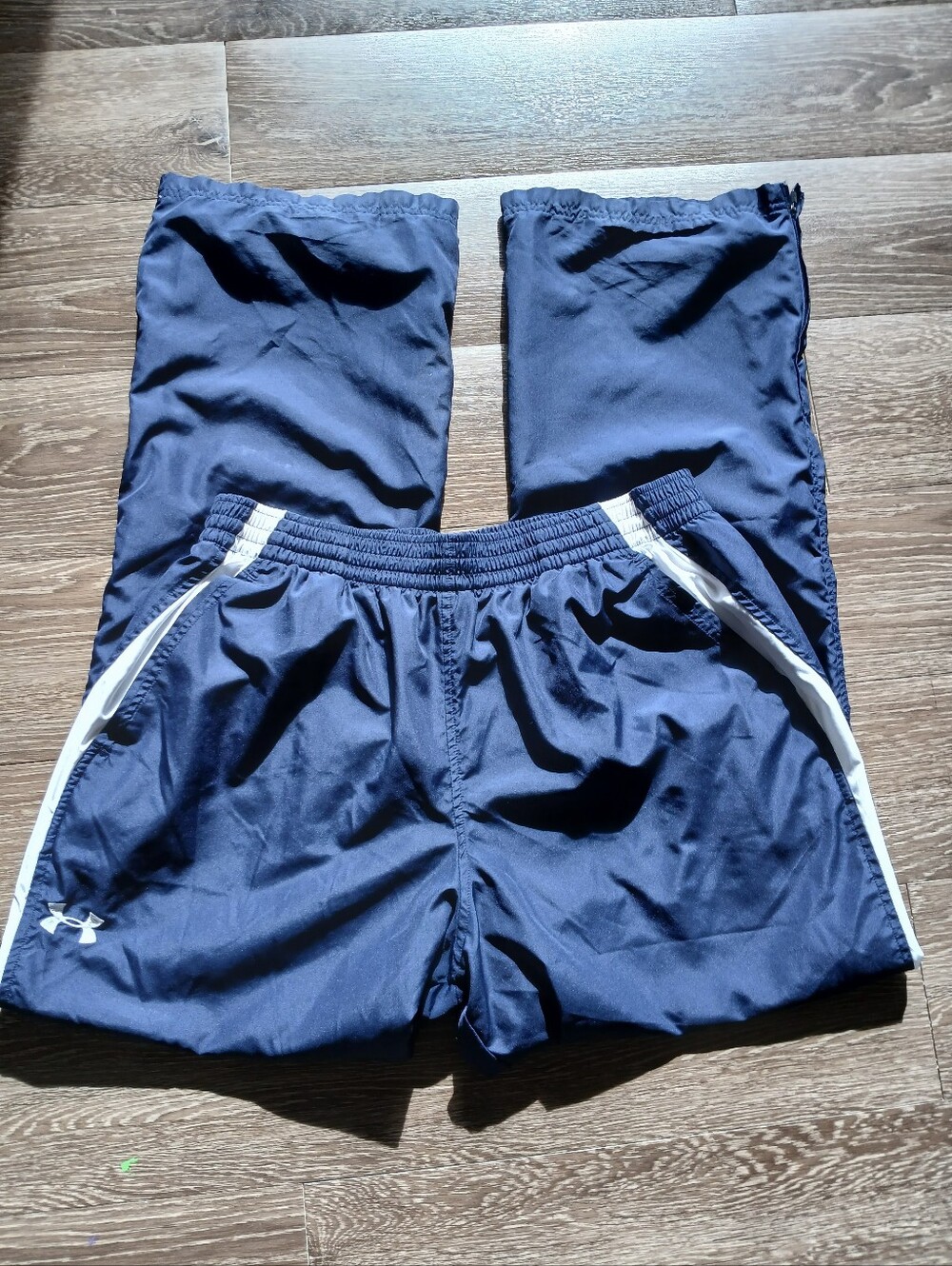 Under Armour Navy Track Pants White Side Trim Womens Sz XL Zip Bottoms Lined EUC